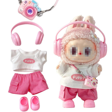 for Labubu Dolls Cute Puppy Themed Sporty Casual Outfit - Includes White T-Shirt Shorts Headphones and Shoes (Pink Set with Camera and Headphone)