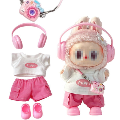 for Labubu Dolls Cute Puppy Themed Sporty Casual Outfit - Includes White T-Shirt Shorts Headphones and Shoes (Pink Set with Camera and Headphone)