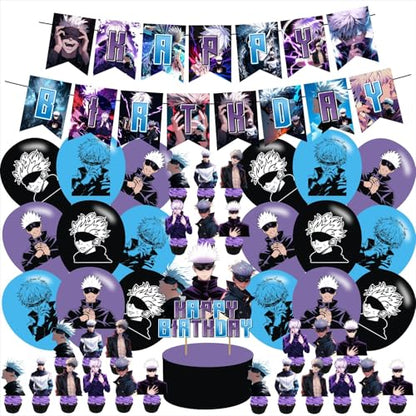 Anime Theme Birthday Banner, Cake Topper, Latex Balloons, Purple