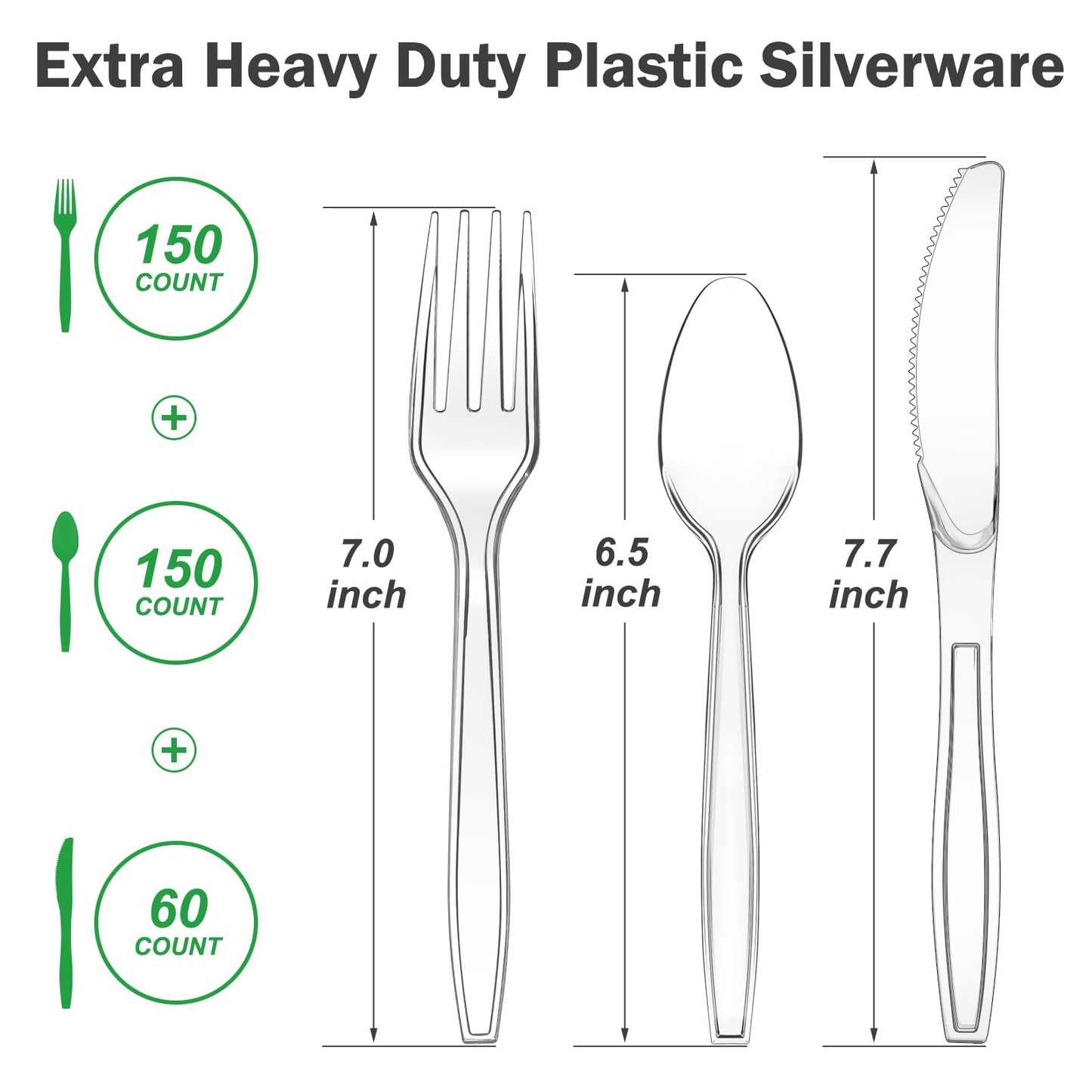 Dealusy 360 Count Extra Heavy Duty Clear Plastic Silverware, 150 Forks, 150 Spoons, 60 Knives, BPA-Free, Heat Resistant, Disposable Plastic Utensils