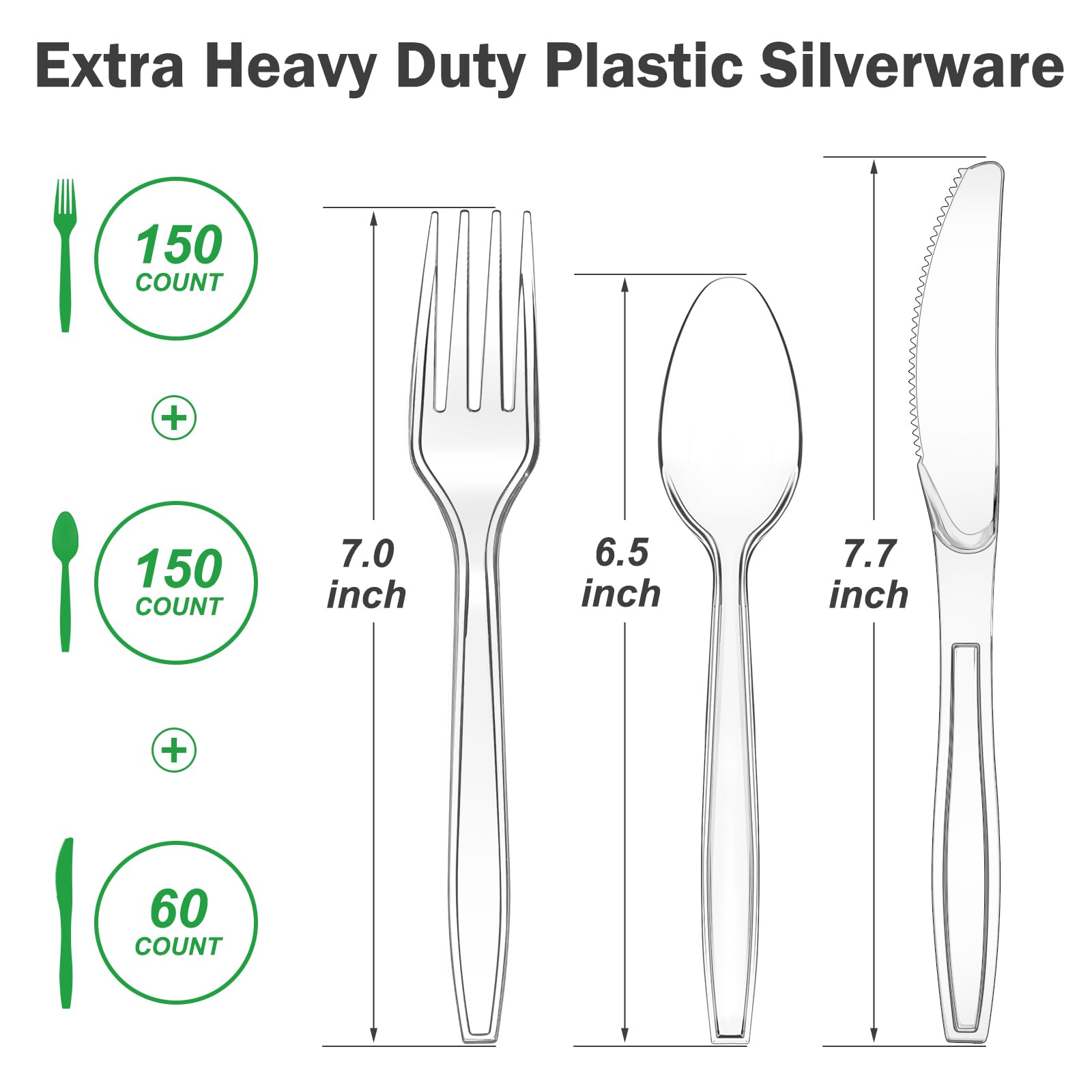 Dealusy 360 Count Extra Heavy Duty Clear Plastic Silverware, 150 Forks, 150 Spoons, 60 Knives, BPA-Free, Heat Resistant, Disposable Plastic Utensils