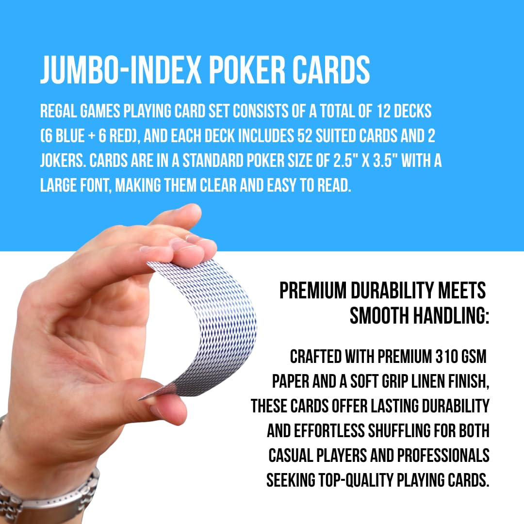 Regal Games [12 Decks] Rocket Jumbo Playing Cards - Contains 6 Red & 6 Blue Decks, 310 GSM Paper, 2.5" x 3.5" Plastic Coated Cards with Extra Large