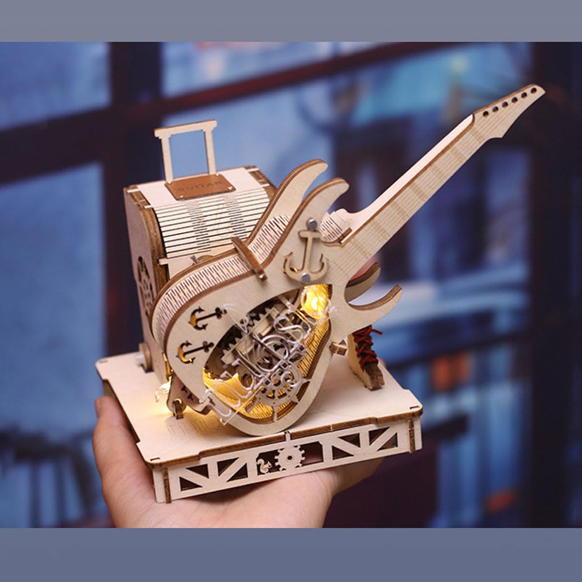 URFunModel 3D Wooden Puzzle for Adults, Mechanical Transmission Guitar Music Box Wooden Model Kit to Build, 150PCS DIY Assembly Steampunk Puzzle Craft