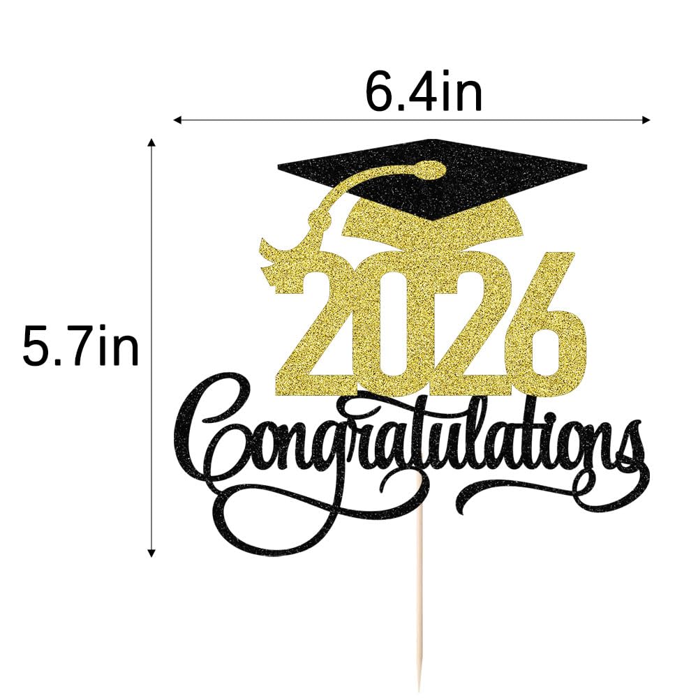 Black Gold Glitter 2026 Congratulations Graduation Cake Topper,Congrats Grad Cake Decor - 2026 High School/College/Senior Graduation Party Decorations