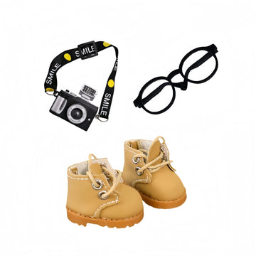 3 Pieces Doll Clothes Set Accessories, Mini Doll Martin Boots Glasses Camera Decoration for 17cm Dolls, Mini Finger Shoes, Cute Outfit Clothing
