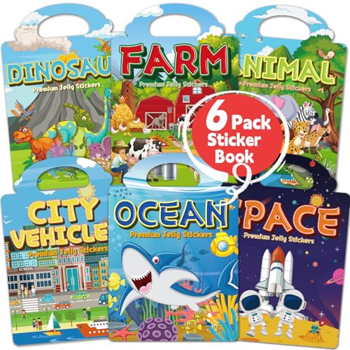 CREATIVETREES 6 Sets Reusable Sticker Book for Toddlers 3-6, Jelly Sticker Books for Toddler, Travel Sticker Activity Toys for Kids 3 4 5 6 Years Old