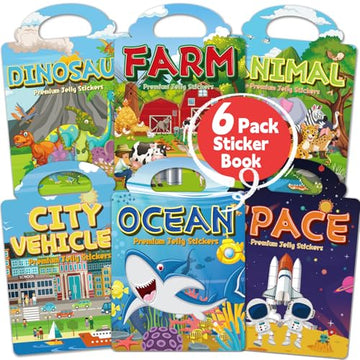 CREATIVETREES 6 Sets Reusable Sticker Book for Toddlers 3-6, Jelly Sticker Books for Toddler, Travel Sticker Activity Toys for Kids 3 4 5 6 Years Old