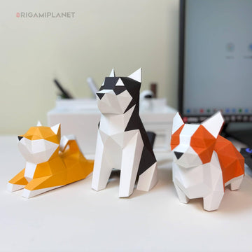 ORIGAMIPLANET Hello Puppies 3D Origami Paper Craft Gift Set- 3 pcs, Husky/Corgi/Shiba Inu Pre-Cut Origami Kit, Cute Animal Paper Sculpture for Teens