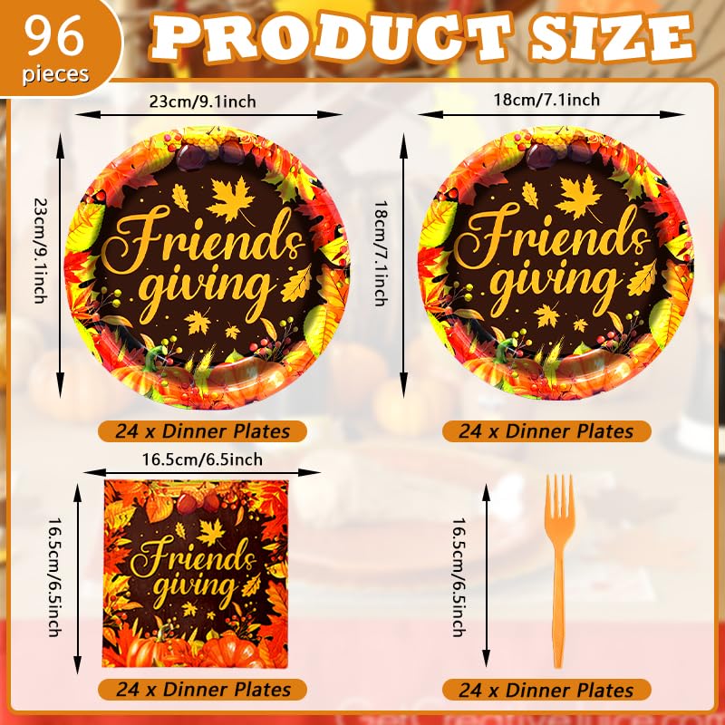 96 Pieces Friendsgiving Tableware Set Party Supplies - Fall Thanksgiving Pattern Disposable Dinnerware with Paper Plates, Napkins, Forks for Autumn