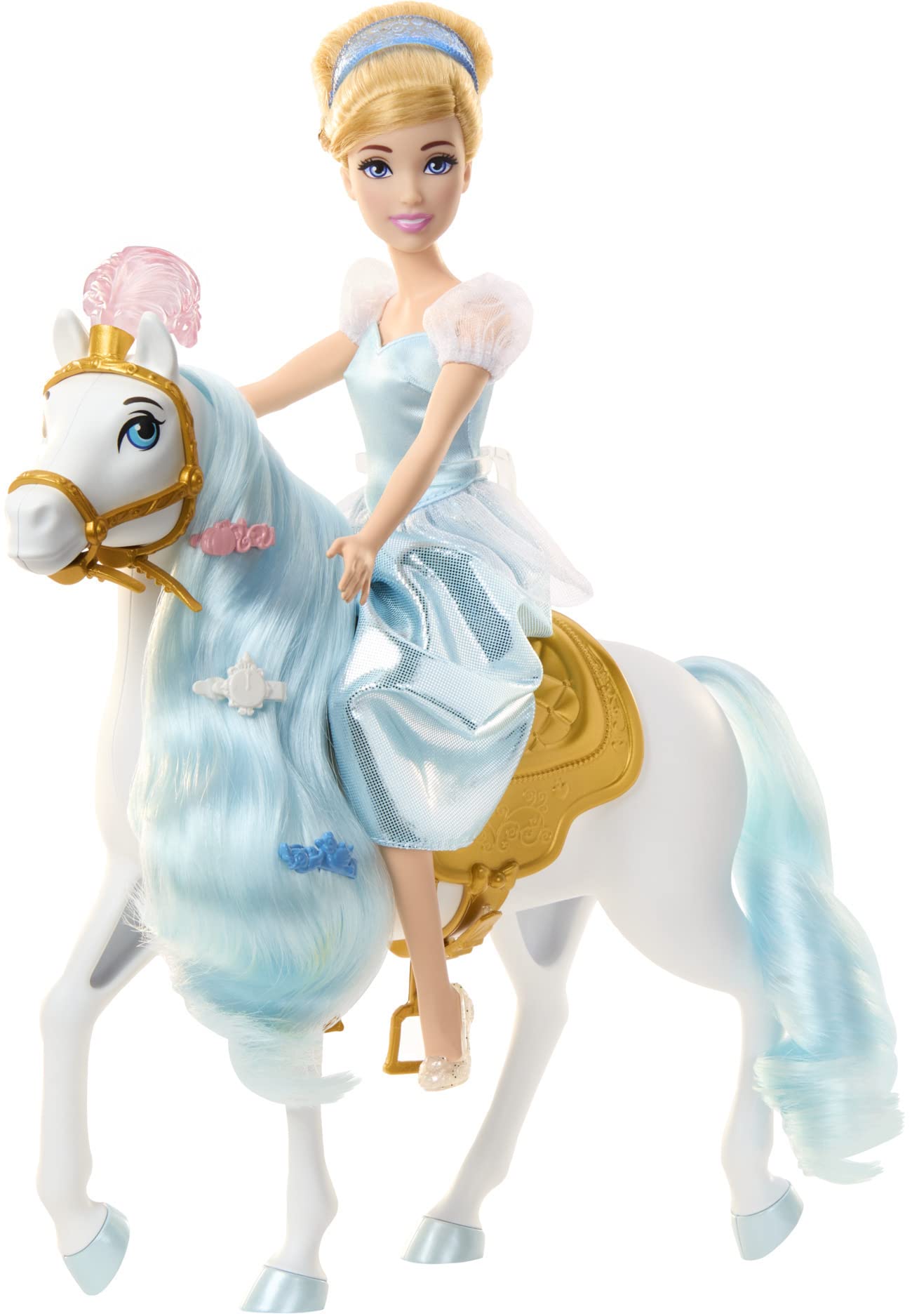 Mattel Disney Princess Toys, Cinderella Fashion Doll & Horse with Saddle, Brushable Mane & Tail & Styling Accessories, Inspired by the Movie
