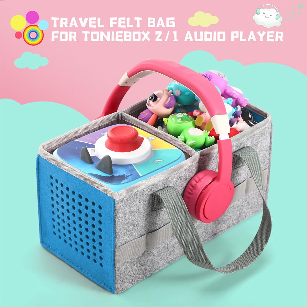 Seracle Carrying Case Travel Felt Bag Compatible with Toniebox 1/2 Audio Player Starter Set and Tonies Figurine (Gray+Blue)
