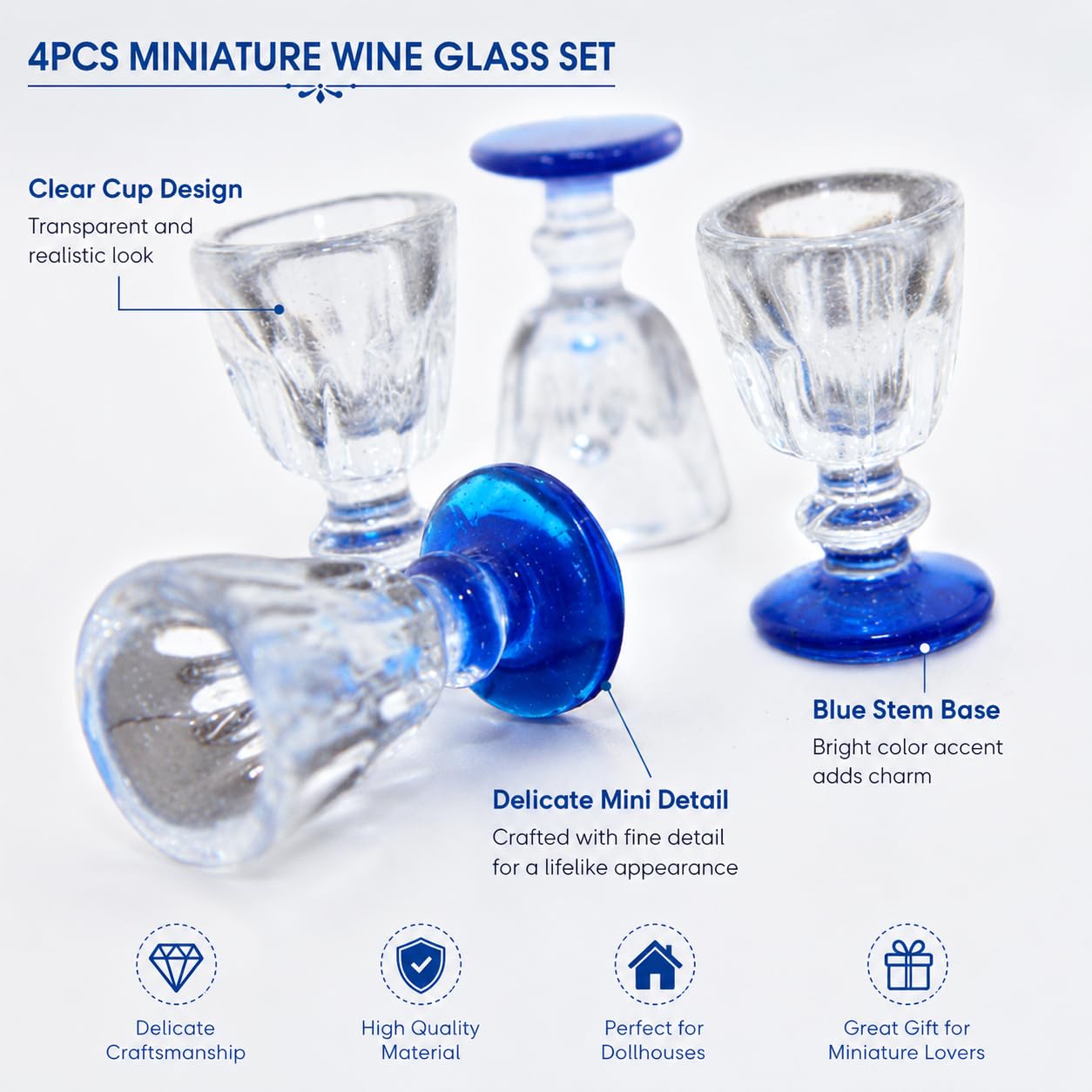 4Pcs Lovely Miniature Wine Glass Set for Dollhouse, 1:6 1:12 Scale, Ideal for Creating Realistic Dining Scenes?Dolls House Blue Stem Wine Glasses
