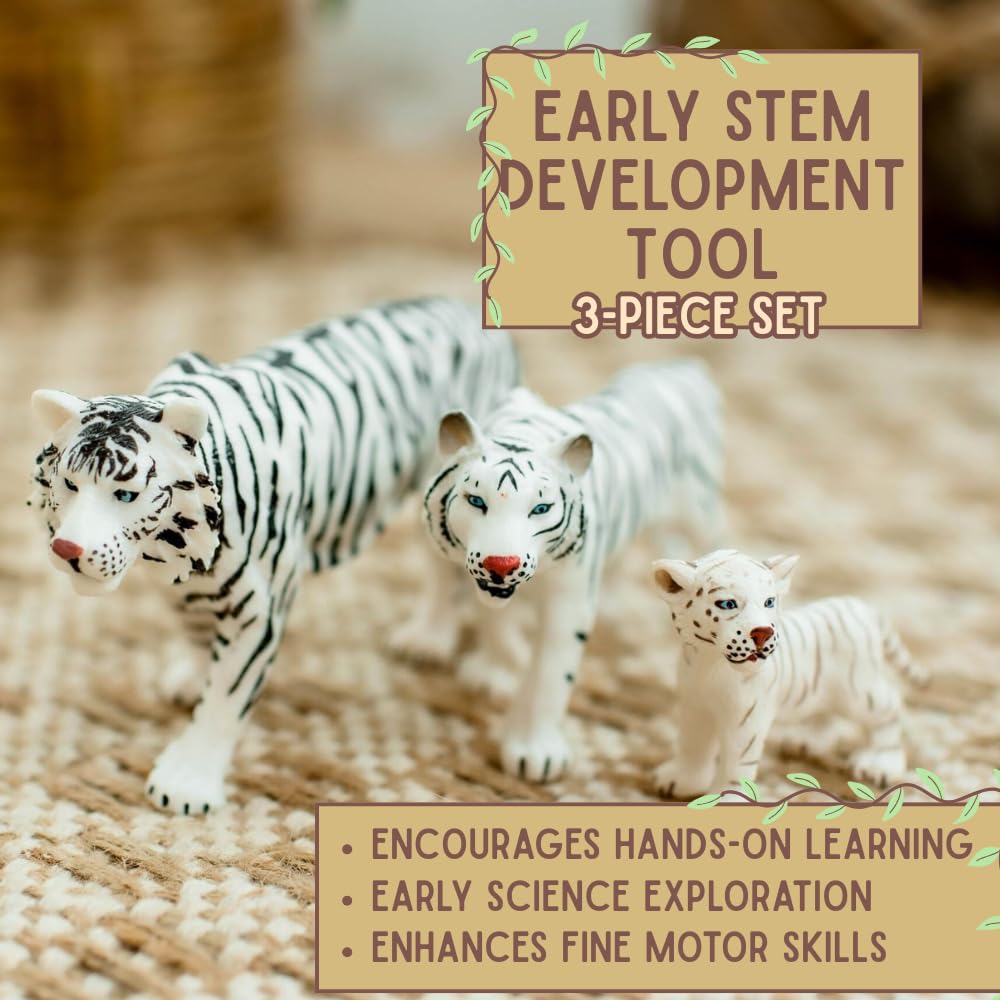 ZAGA Toys White Bengal Tigers and Cub | 3-Piece Hand-Painted Wildlife Figurine Set | Realistic White Tigers Displays Winter Décor and Collectible