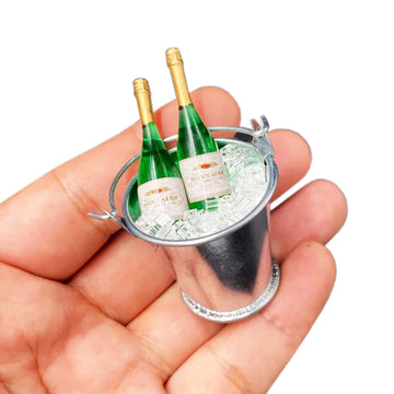Dollhouse Miniature Champagne and Ice Bucket Set, Miniature Champagne Bottle, Miniature Bottle of Champagnes in a Silver Ice Bucket, for Dollhouse