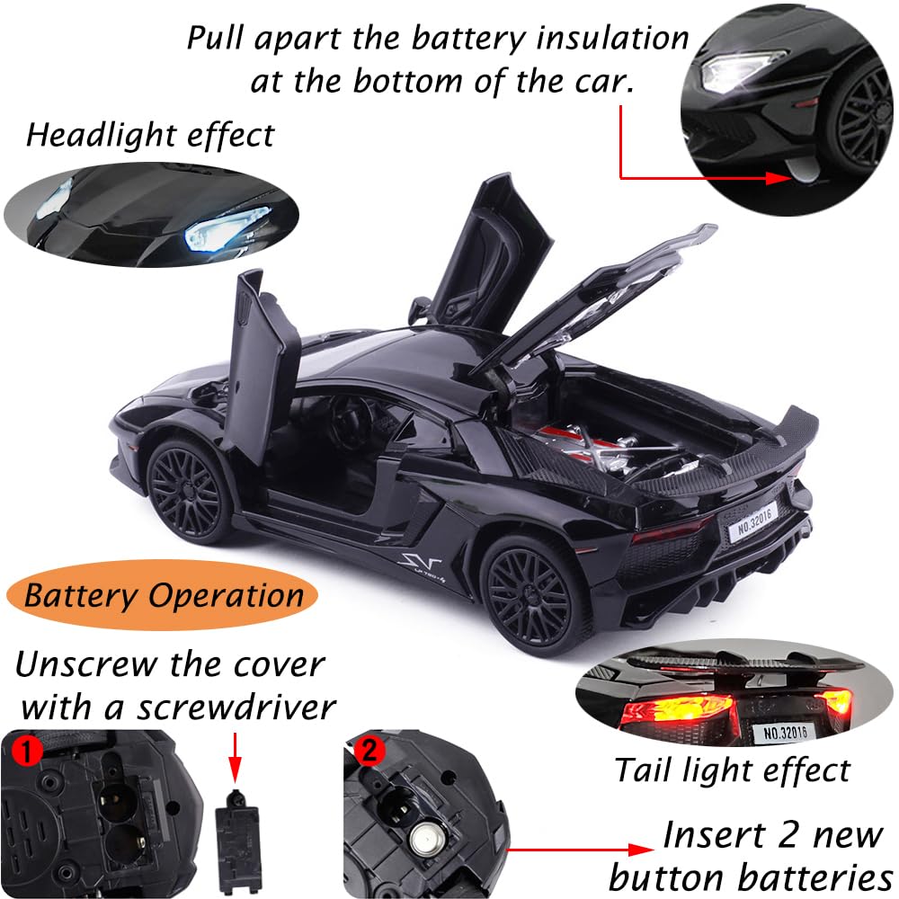 iLooboo Alloy Collectible Black Aventador Toy Car Model Pull Back Die-Cast Vehicle with Lights and Sound