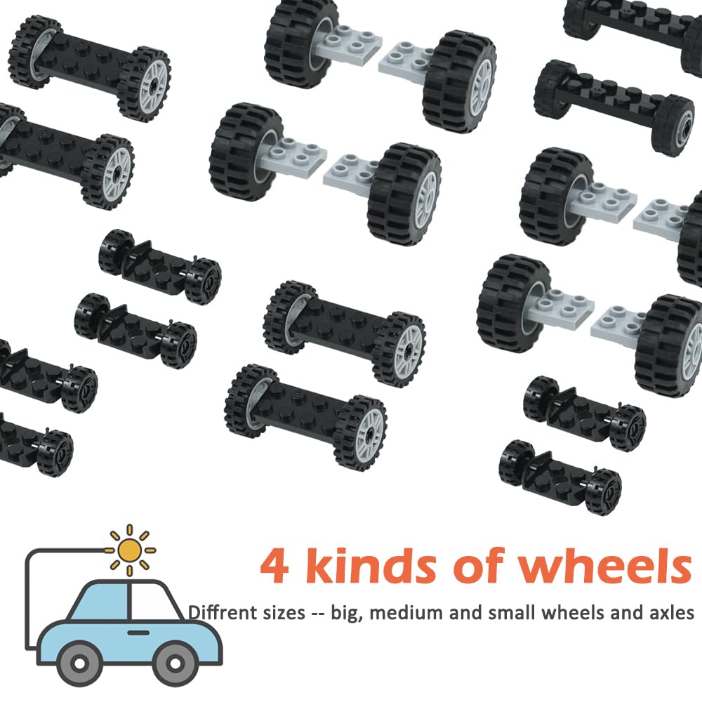 BroTex Wheels and Axles Building Blocks Set, Vehicle Truck Tires Compatible with Classic Bricks Car Parts