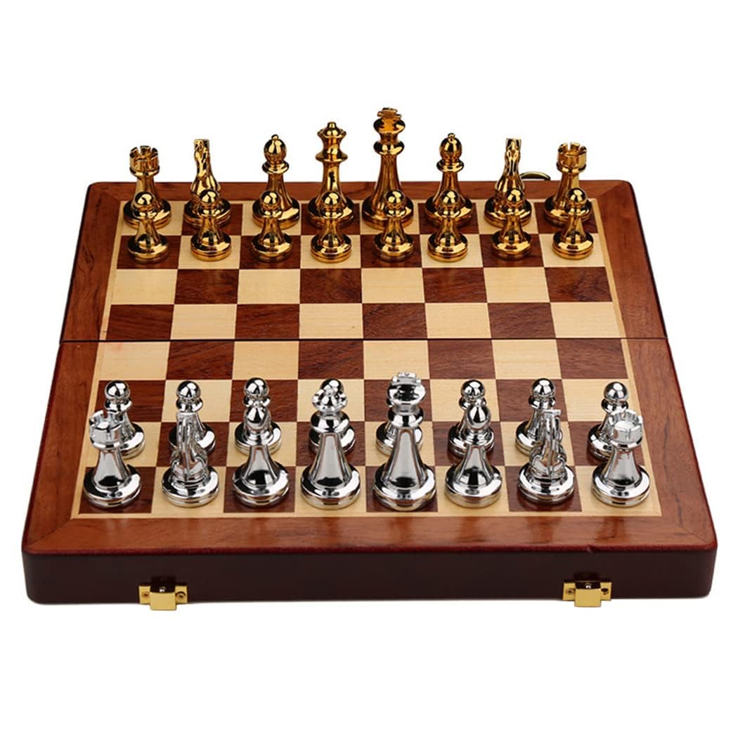 11Inch Large Deluxe Metal Chess Set - Portable Wooden Box with Alloy Pieces, Folding Board, Ideal for Adults