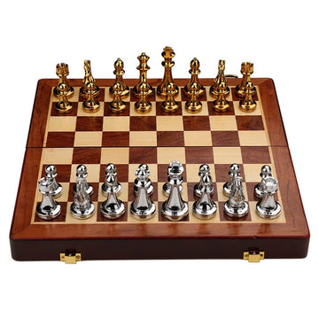 11Inch Large Deluxe Metal Chess Set - Portable Wooden Box with Alloy Pieces, Folding Board, Ideal for Adults
