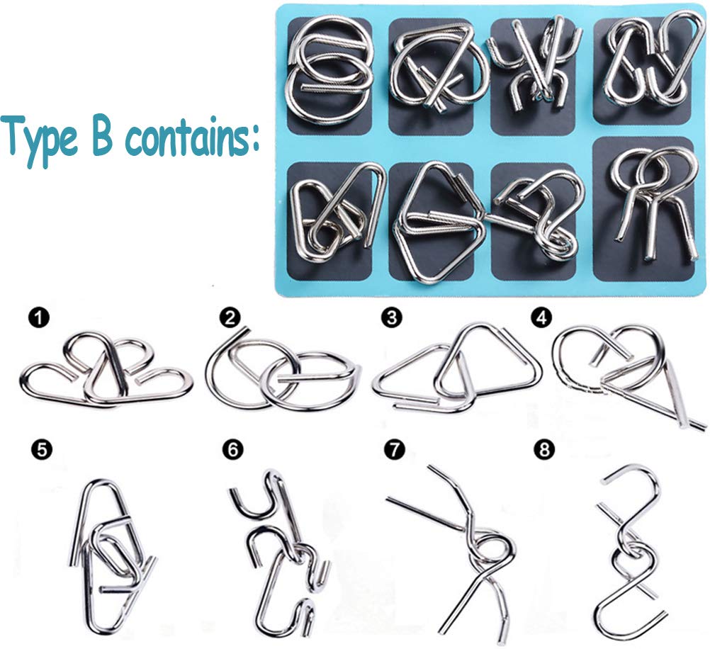 TANCH 16 PCS Type A+B Different Brain Teaser Metal Wire Puzzles IQ Challenge Magic Trick Unlinking & Linking Game Toys for Kids and Adults