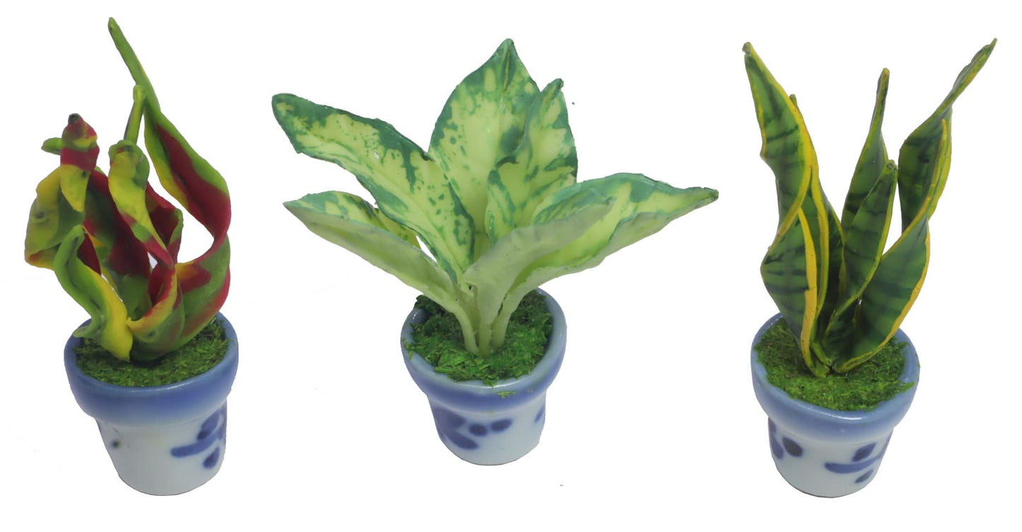 3 Pieces 1:12 Dollhouse Miniature Artificial Flower Plants in Ceramic Pot, Codiaeum Variegatum,Aglaonema,Sansevieria Dollhouse Accessories