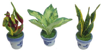 3 Pieces 1:12 Dollhouse Miniature Artificial Flower Plants in Ceramic Pot, Codiaeum Variegatum,Aglaonema,Sansevieria Dollhouse Accessories