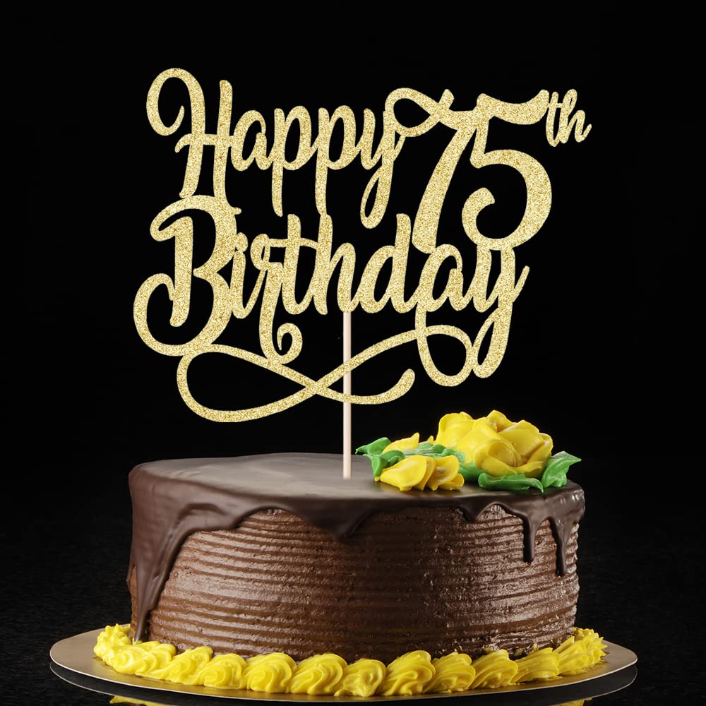 Gold Glitter Happy 75th Birthday Cake Topper,Cheers to 75 Years