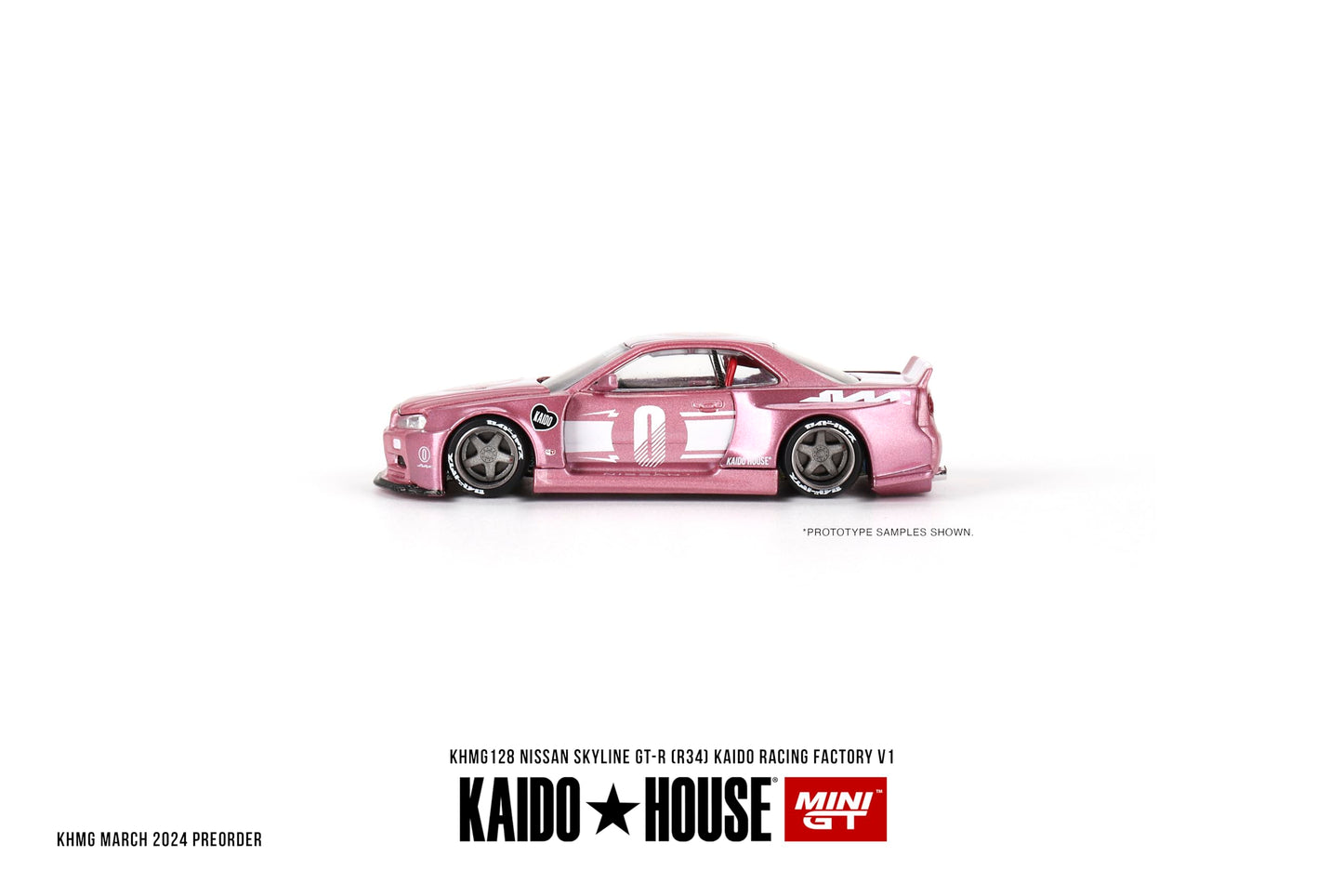 True Scale Miniatures Model Car Compatible with Nissan Skyline GT-R (R34) Kaido Racing Factory V1 Pink 1/64 Diecast Model Car Kaido House KHMG128