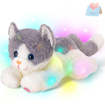 Houwsbaby 15" Gray Light up Kitty Stuffed Animal Cat Floppy LED Plush Toy Kitten Night Lights Glow Pillow Birthday Festival Christmas Halloween