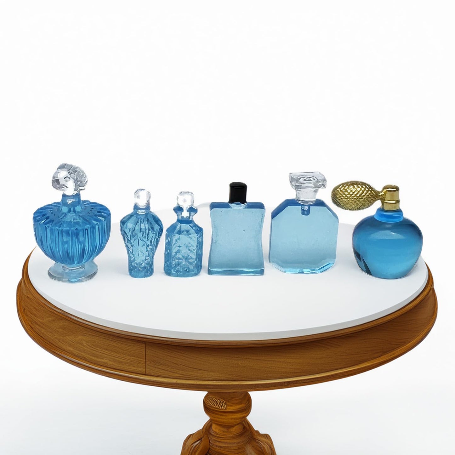 1/12 Scale Miniature Cosmetic Set: 6 Realistic Perfume Bottles for Dollhouse Bathroom & Crafts (Blue)