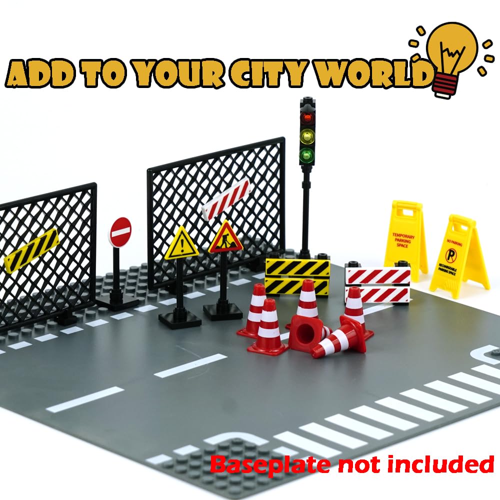 Pasacho City Road Signs Bricks Accessories, Construction Site Street Signs, Mini Traffic Cones & Crosswalk Signal Toys for Kids Building Blocks Toys