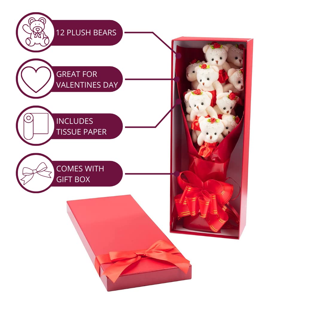 Deluxe Red Love Bear Bouquet - One Dozen Long Stemmed Roses w Plush Bears in Tutus - Gift Box w Bow - Forever Flower Bouquet of 12 Cute Teddys