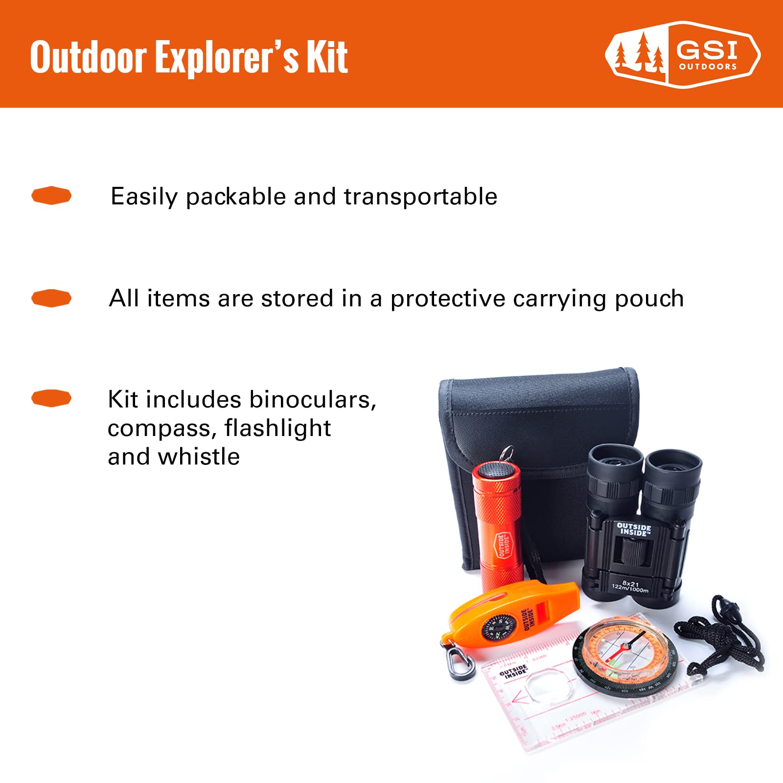 Outside Inside Explorer's Essentials Kit for Outdoor Adventures, Includes Binoculars, Compass, Flashlight and Whistle, Protective Carrying Pouch