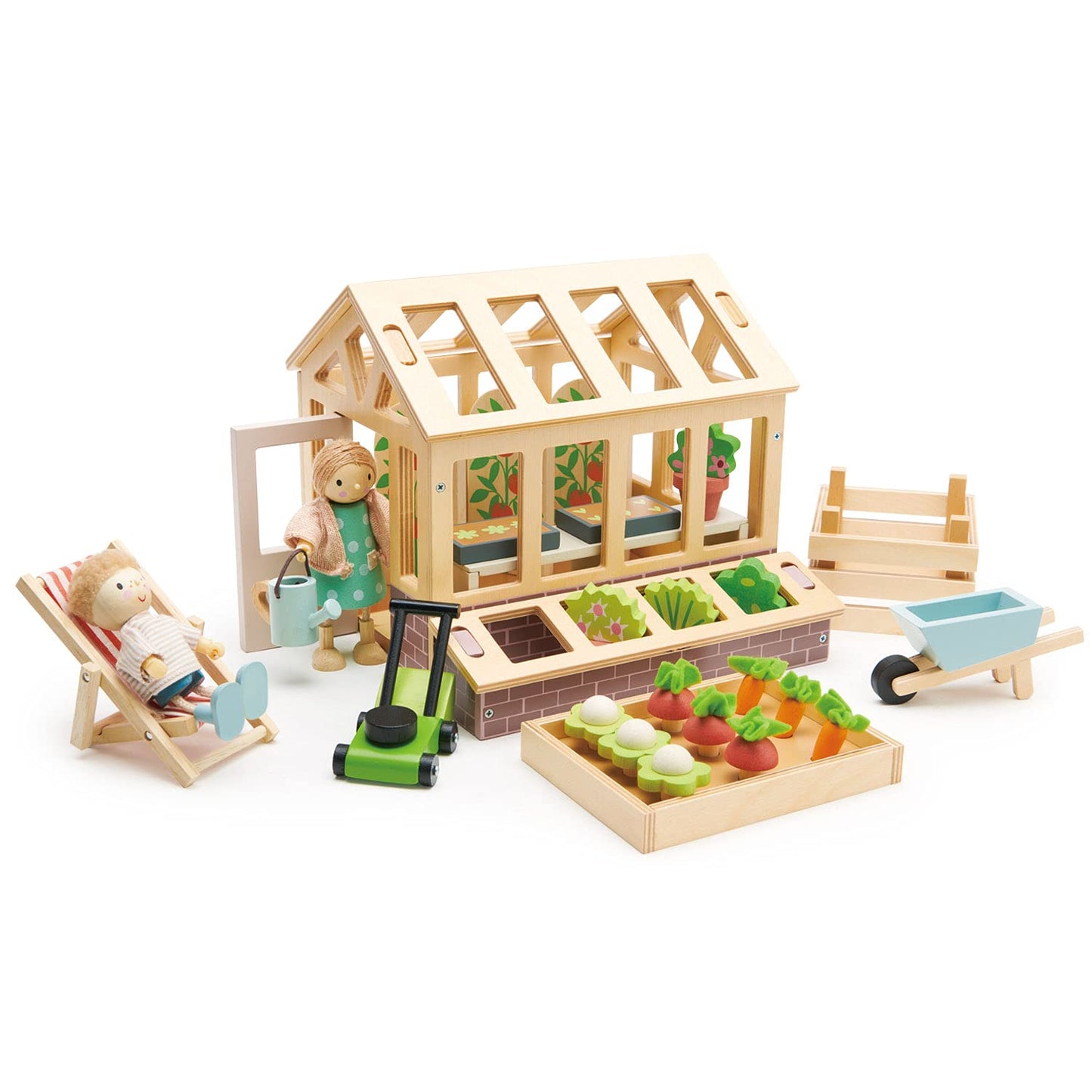 Tender Leaf Toys - Greenhouse Garden Set - 28 Pcs Natural Gardening Miniature Pretend Play Set, Wooden Harvest Farm Toys - Inspires Endless