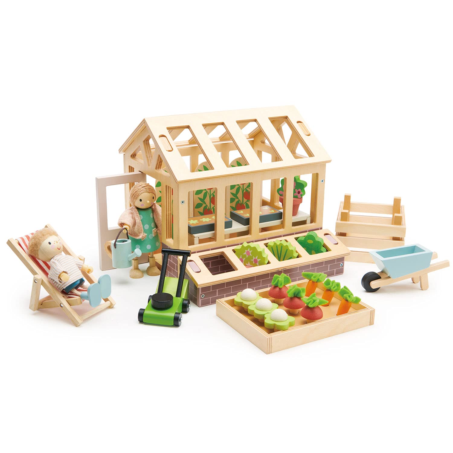 Tender Leaf Toys - Greenhouse Garden Set - 28 Pcs Natural Gardening Miniature Pretend Play Set, Wooden Harvest Farm Toys - Inspires Endless