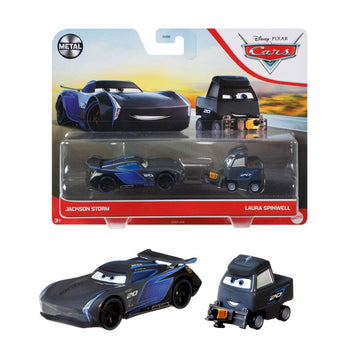 Disney Cars Toys and Pixar Cars 3, Jackson Storm & Laura Spinwell 2-Pack, 1:55 Scale Die-Cast Fan Favorite Character Vehicles for Racing