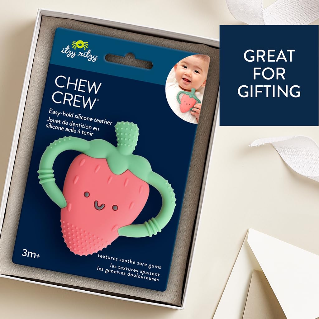 Itzy Ritzy Strawberry-Shaped Baby Teether with Handles - Silicone Teether for Babies with Easy-Grab Handles and Textured, Teethable Surfaces - Baby