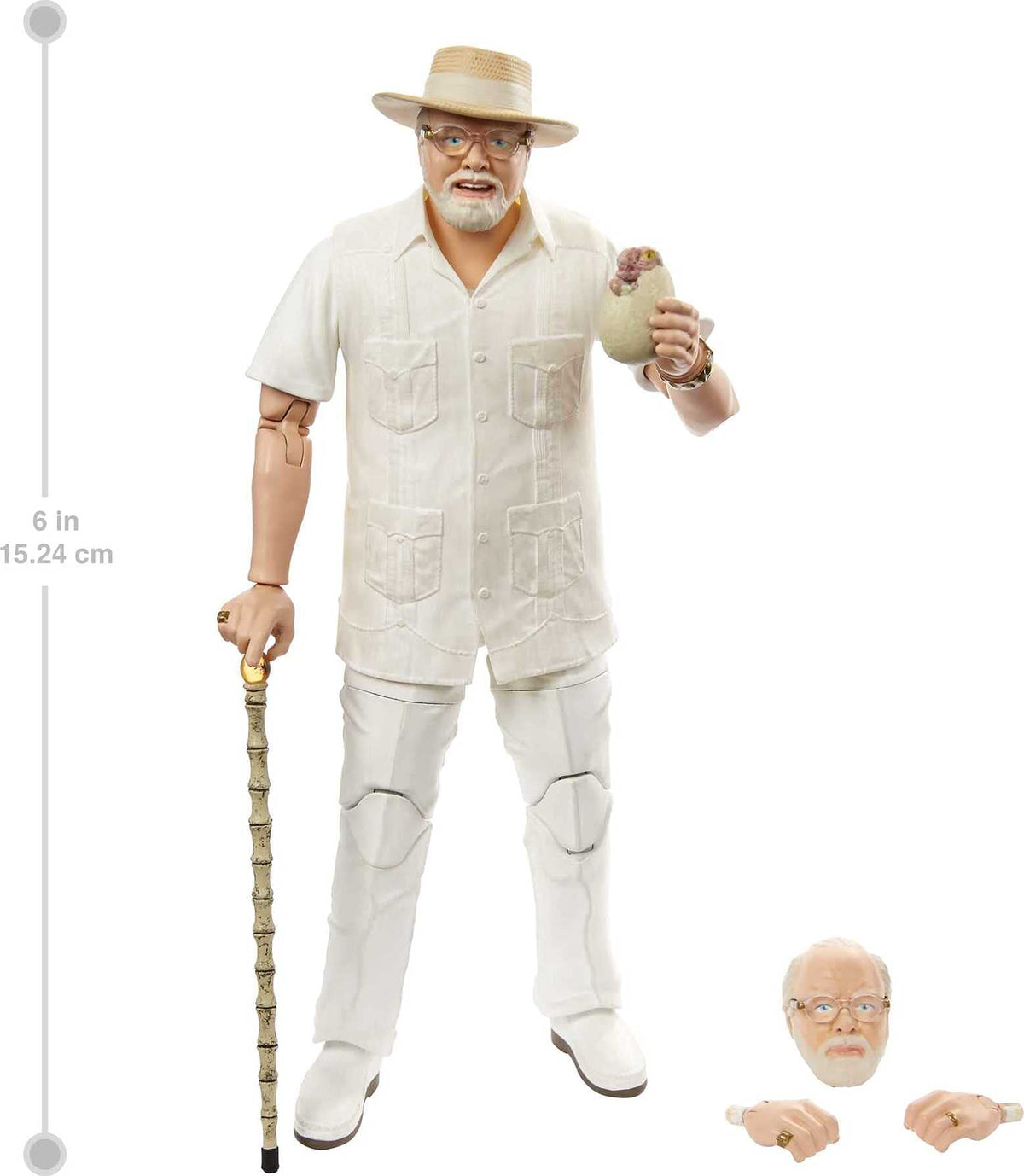 Jurassic World Toys Amber Collection John Hammond 6-in Action Figure, Swappable Hands & Head, Cane & Hatching Dinosaur Egg Accessories, Collectible