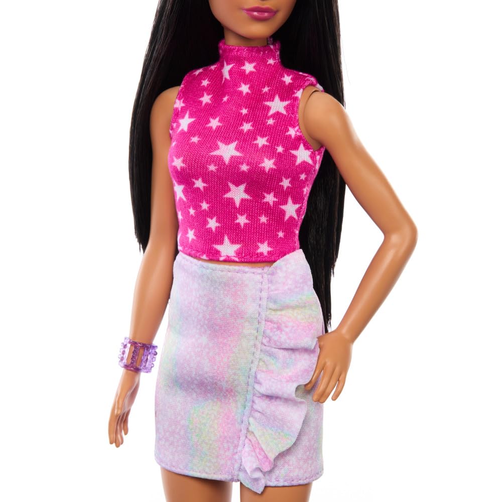 Barbie Fashionistas Doll #215 with Black Straight Hair, Pink Star-Print Top & Iridescent Skirt, 65th Anniversary Collectible Toy