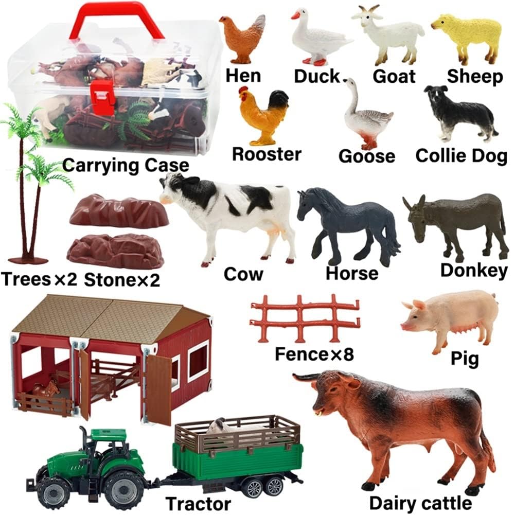 Mini Toy Barn Farm Toys Playset, 66PCS Plastic Farm Animals Figurines and Fence Farm Playset, Farm Figures Farmer Vehicle Toy Truck with Trailer