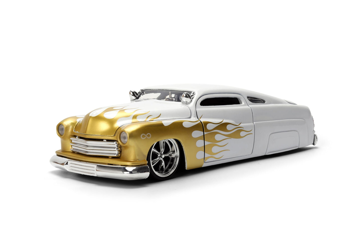 Jada Toys Bigtime Muscle 1:24 1951 Mercury Die-cast Car - Opening Doors, Hood, Trunk, Rubber Tires(White/Gold Flames)
