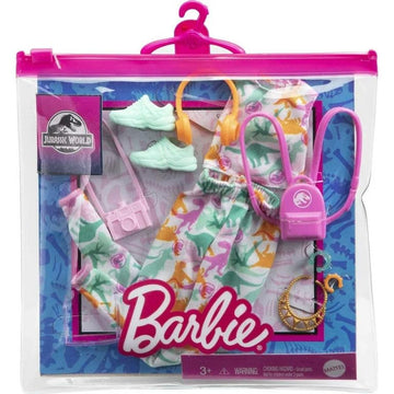 Barbie Fashion Doll Clothing Accessory Sets, Jurassic World, Multiple Outfits with Dinosaur Prints, Pink and Green Colors, 3+ Years GWB08