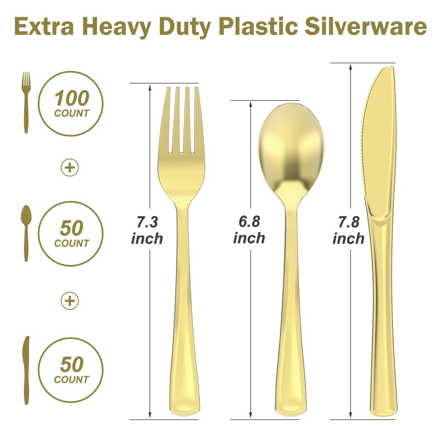 Dealusy 200 Count Heavy Duty Gold Plastic Silverware, 100 Forks, 50 Spoons, 50 Knives, BPA-Free, Heat Resistant, Disposable Plastic Utensils Set