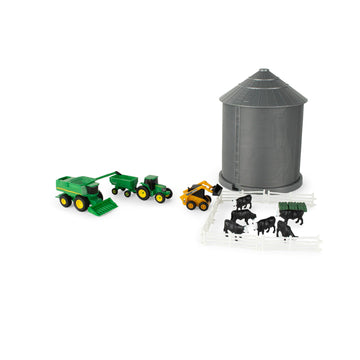 TOMY John Deere Farm Playset with Grain Bin - 1:64 Scale - Includes Grain Bin, John Deere Tractor Toys, Skid Steer, Farm Animal Toys, and Fencing