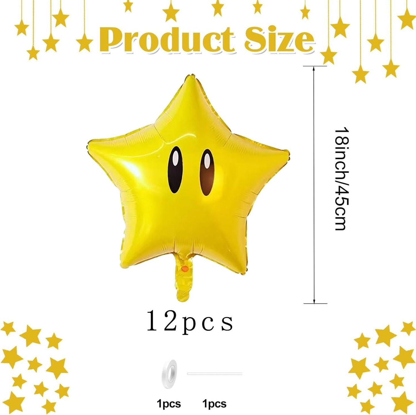 12PCS Star Foil Balloons Super Gold Coin Balloon Yellow Star Balloons for Video Game Themed Birthday Party Decorations for Boys Girls Party Supply