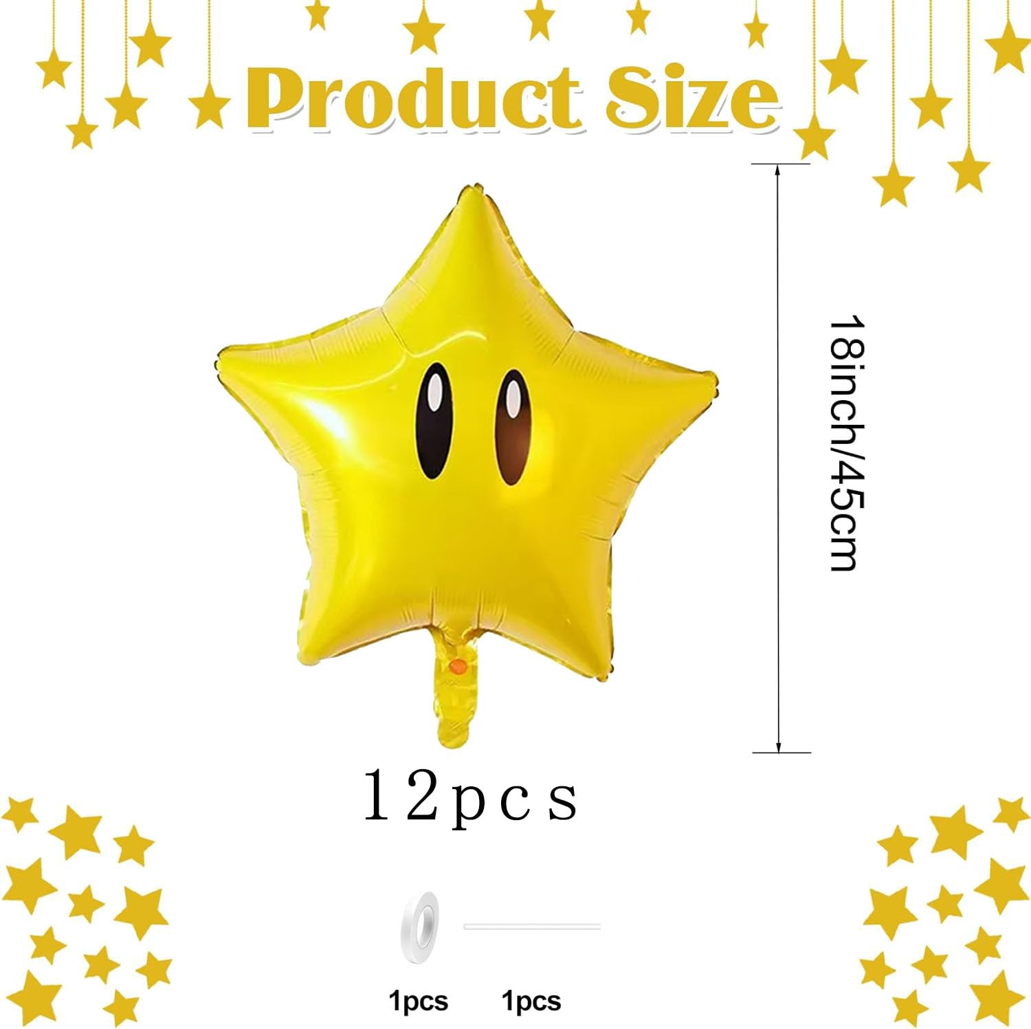 12PCS Star Foil Balloons Super Gold Coin Balloon Yellow Star Balloons for Video Game Themed Birthday Party Decorations for Boys Girls Party Supply