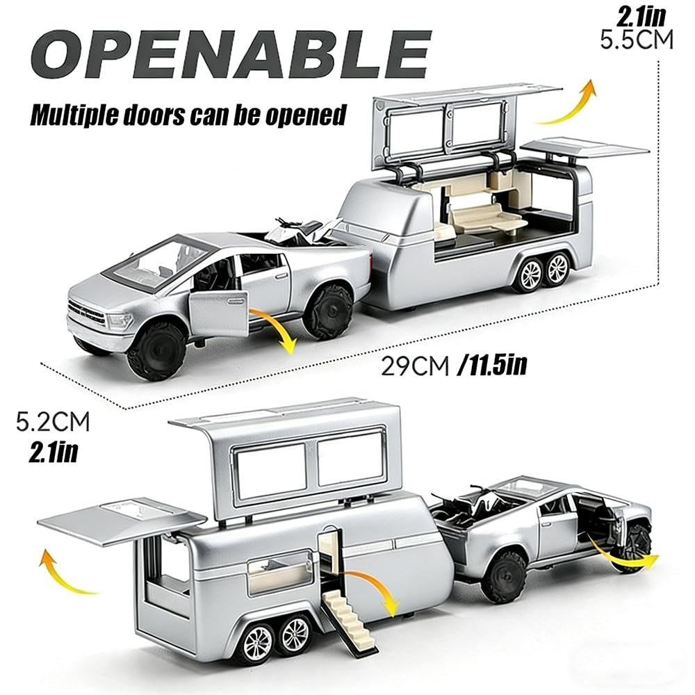 RCOOS Toy Car Alloy Truck Set with Trailer and Motorcycle Cyberpickup Toy with Sound and Light Effect Pull Back Vehicle RV Toy EV Model Ideal Gift