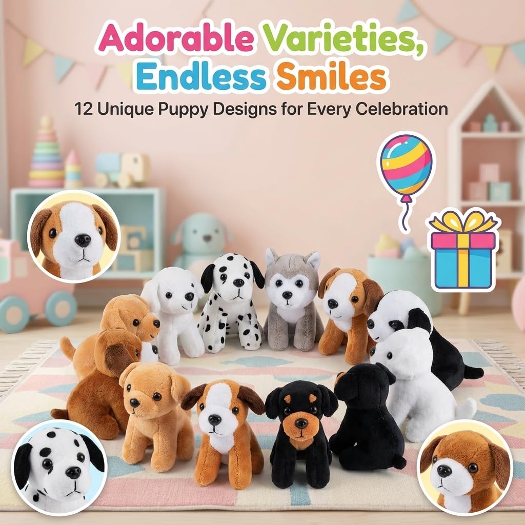 Bedwina Plush Puppy Dogs - (Pack of 12) 6 Inches Tall Small Stuffed Animals Bulk Assorted Puppies and Cute Stuffed Plushed Adopt-a-Puppy Dog