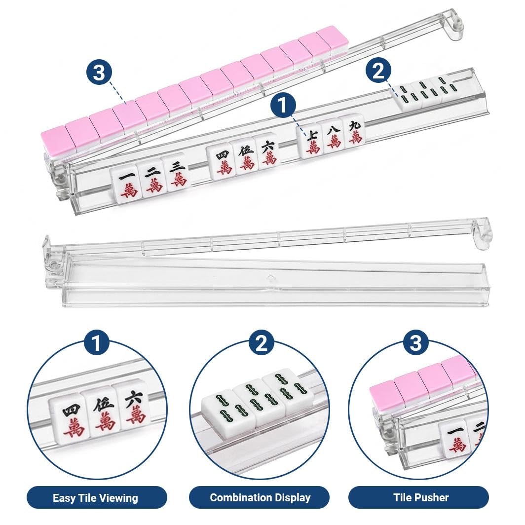 HANUSTARS Permium-Mahjong Racks with Pushers 4-Piece Set Clear Acrylic Tile Holder American Mahjong Racks with Pushers Mahjong Accessories Transparent