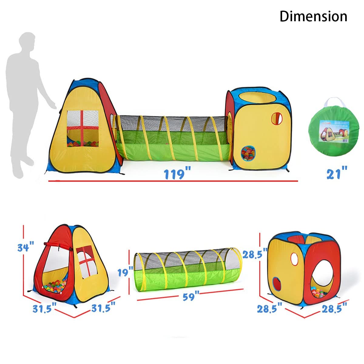 UTEX 3 in 1 Pop Up Play Tent with Tunnel, Indoor/Outdoor Playhouse