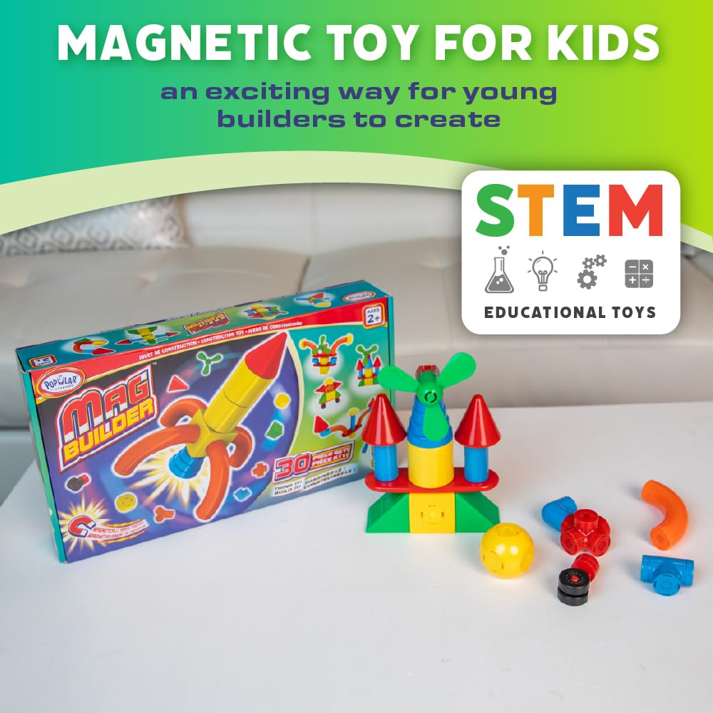 POPULAR PLAYTHINGS Mag Builder Building Set, Magnetic Connecting Toy for Kids Imagination and Creative Play, Crazy Shapes Gift for Children - 30 Piece